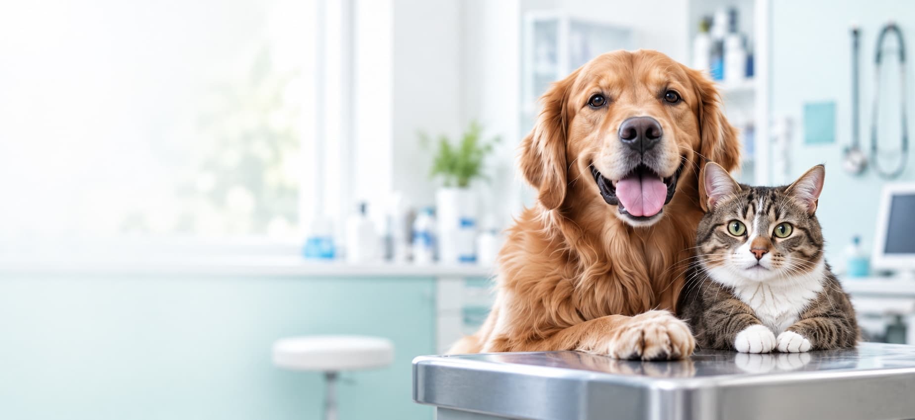 Un golden retriever e un gatto in una clinica veterinaria luminosa